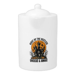 Vintage Haunted House Restless Dead Halloween Art_ Teapot