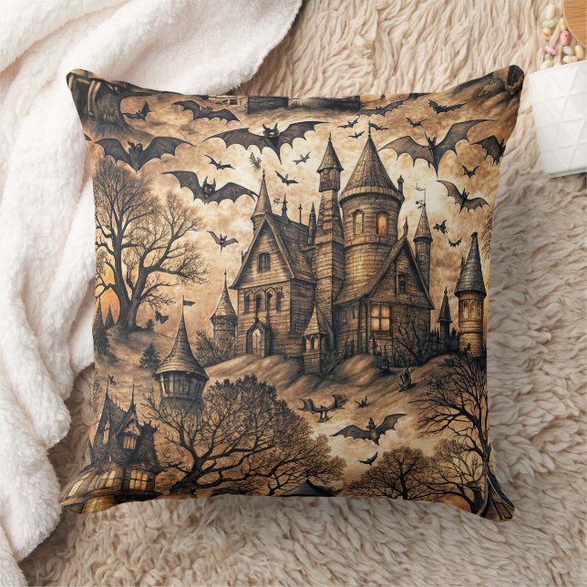 Vintage Haunted House Throw Pillow (Blanket)