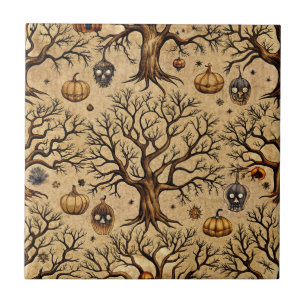 Vintage Haunted Trees & Pumpkin Lanterns Pattern Ceramic Tile