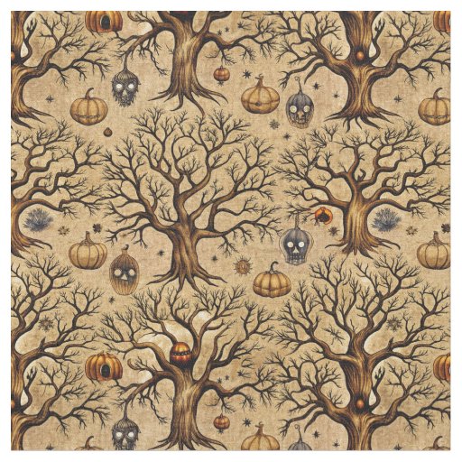 Vintage Haunted Trees & Pumpkin Lanterns Pattern Fabric