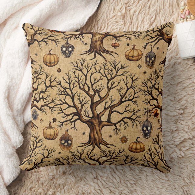 Vintage Haunted Trees & Pumpkin Lanterns Pattern Throw Pillow (Blanket)