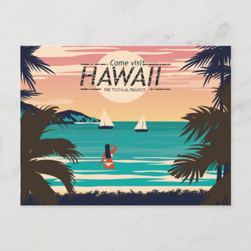 Vintage Hawaii Beach at Sunset Postcard