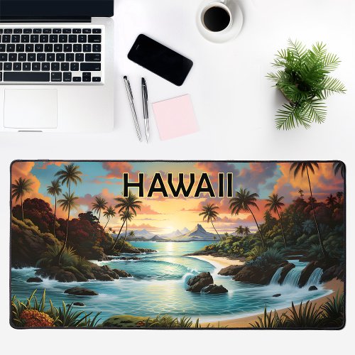 Vintage Hawaii Beach Mountains Painting Desk Mat