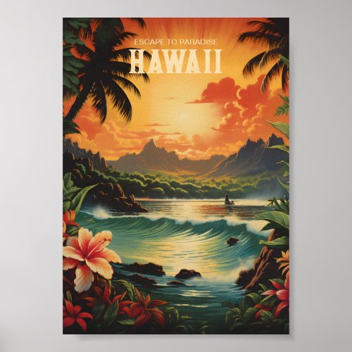 Vintage Hawaii Beach Travel Art Poster