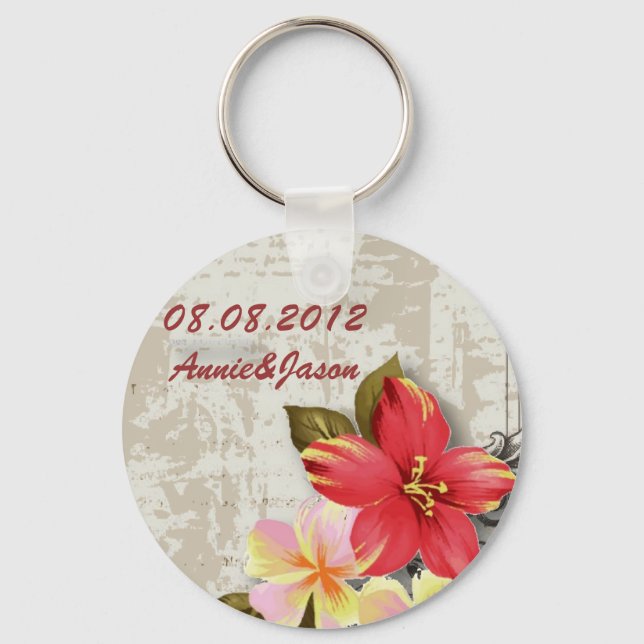 vintage hawaii hibiscus floral tropical wedding keychain (Front)
