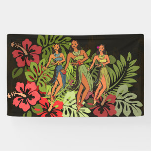 Vintage Hawaii Hula Dancers Retro Tiki Palm Tree Banner