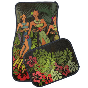 Vintage Hawaii Hula Dancers Retro Tiki Palm Tree Car Floor Mat