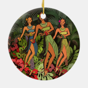 Vintage Hawaii Hula Dancers Retro Tiki Palm Tree Ceramic Ornament