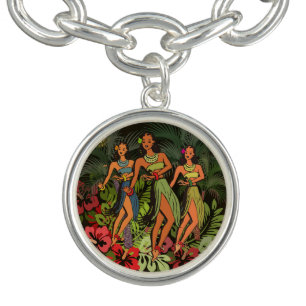 Vintage Hawaii Hula Dancers Retro Tiki Palm Tree Charm Bracelet