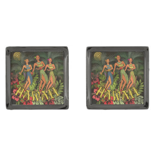 Vintage Hawaii Hula Dancers Retro Tiki Palm Tree Cufflinks