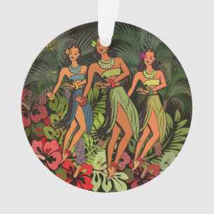 Vintage Hawaii Hula Dancers Retro Tiki Palm Tree Ornament