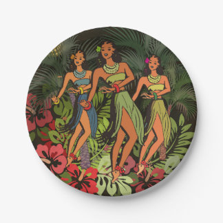 Vintage Hawaii Hula Dancers Retro Tiki Palm Tree Paper Plates