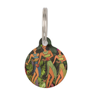 Vintage Hawaii Hula Dancers Retro Tiki Palm Tree Pet Tag