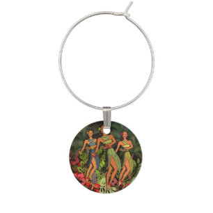 Vintage Hawaii Hula Dancers Retro Tiki Palm Tree Wine Charm