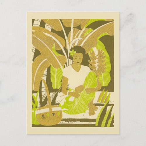 Vintage Hawaii Illustration of Woman with Leaves Postcard