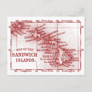 Vintage Hawaii Map, Red Postcard