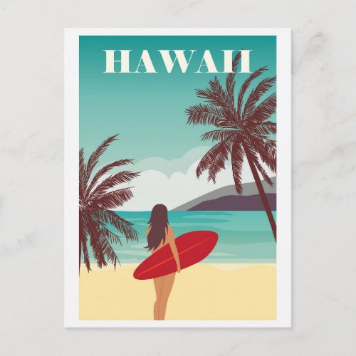 Vintage Hawaii Ocean Beach Surfing Woman Travel Postcard