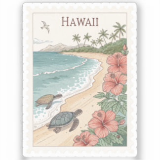 Vintage Hawaii Sea Turtle Hibiscus Beach Stamp Sticker