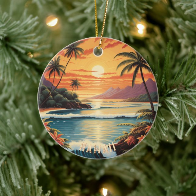 Vintage Hawaii Sunset Painting Sea Beach Towel Ceramic Ornament (Tree)
