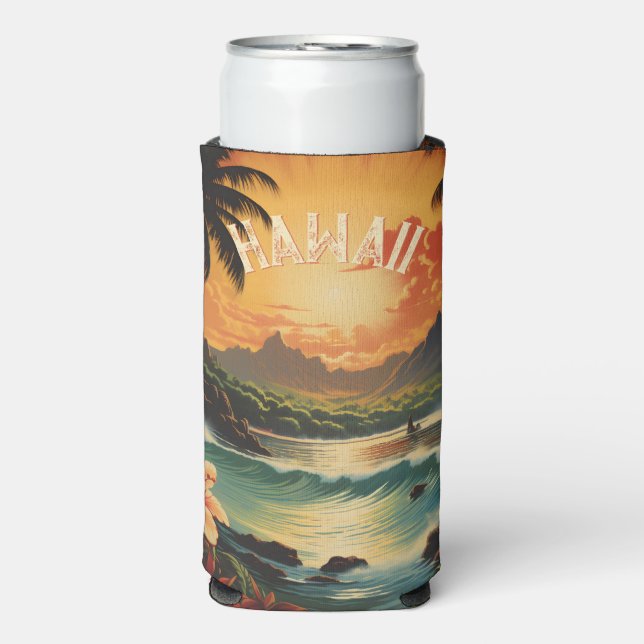 Vintage Hawaii Sunset Painting Sea Beach Towel Seltzer Can Cooler (Seltzer Front)