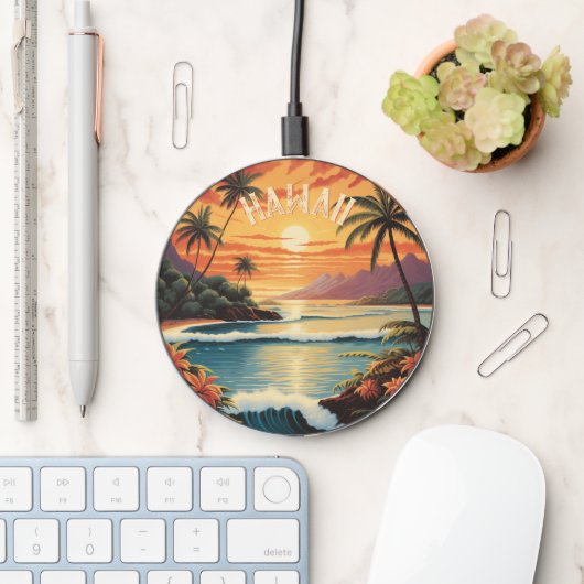 Vintage Hawaii Sunset Painting Sea Beach Towel Wireless Charger (Desk)