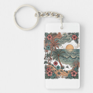 Vintage Hawaii Sunset & Palm Trees Keychain