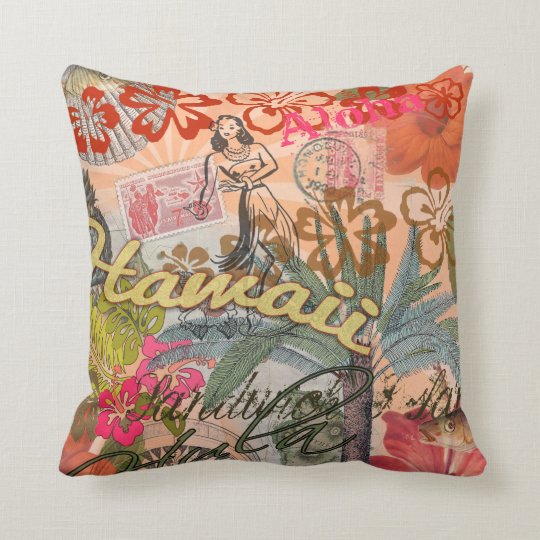 Vintage Hawaii Travel Colorful Hawaiian Tropical Throw Pillow