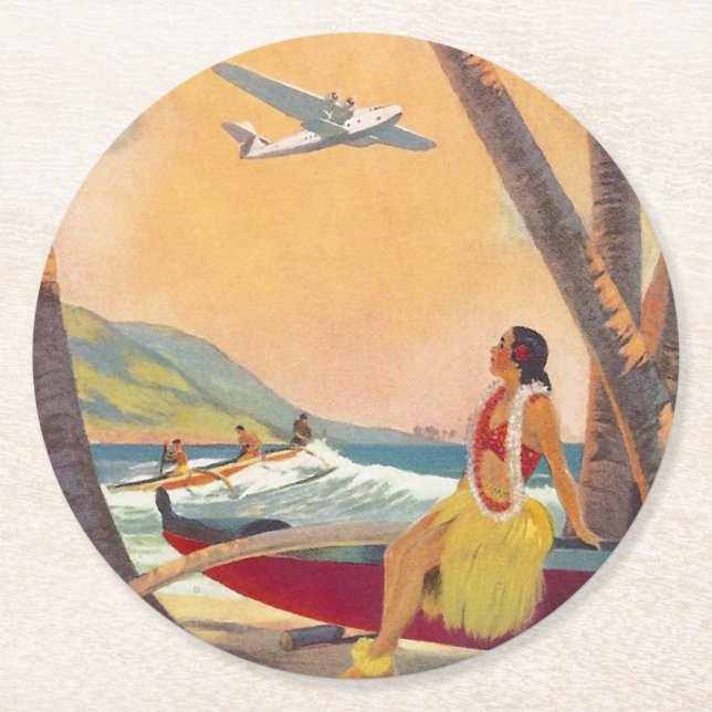 Vintage Hawaii Travel Round Paper Coaster (Front)