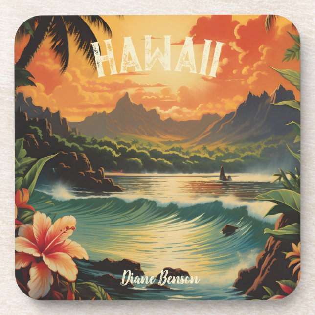 Vintage Hawaii Tropical Beach Travel Beverage Coaster (Front)
