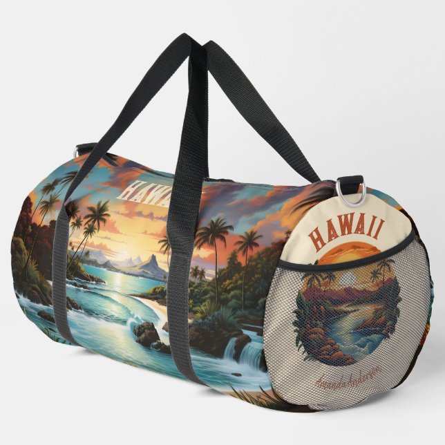 Vintage Hawaii Tropical Beach Travel & Gym Name Duffle Bag (Right Corner)