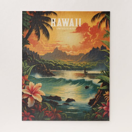 Vintage Hawaii Tropical Beach Travel Illustration Jigsaw Puzzle