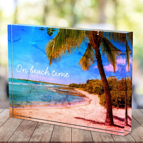 Vintage Hawaii Tropical Palm Tree On Beach Time Photo Block