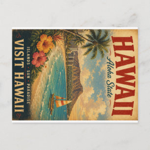 Vintage Hawaii Tropical Paradise Travel Poster wit Holiday Postcard