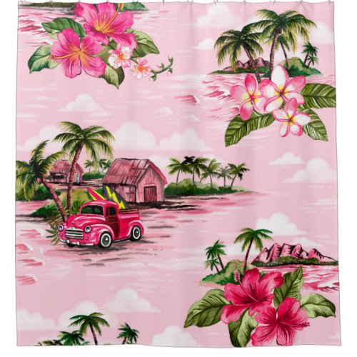 Vintage Hawaiian barkcloth design of tropical isla Shower Curtain