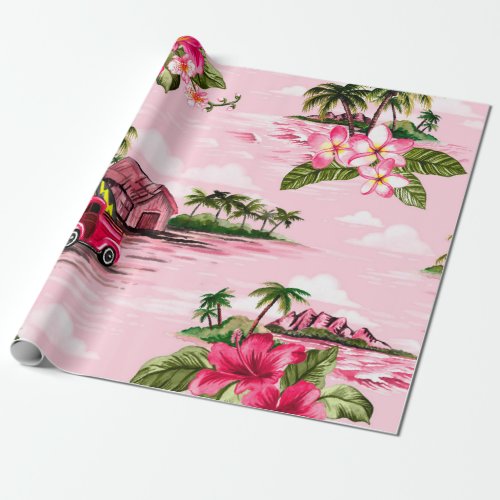 Vintage Hawaiian barkcloth design of tropical isla Wrapping Paper