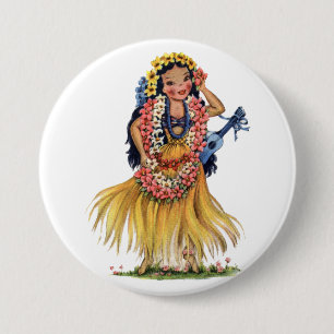 Vintage Hawaiian Girl in Hula Outfit Dress Button