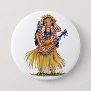 Vintage Hawaiian Girl in Hula Outfit Dress Button