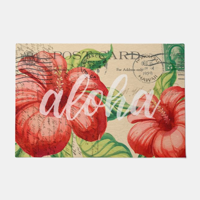 Vintage Hawaiian Hibiscus Postcard Doormat (Front)