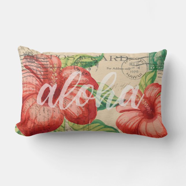 Vintage Hawaiian Hibiscus Postcard Lumbar Pillow (Front)