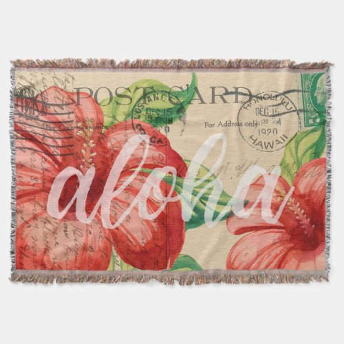 Vintage Hawaiian Hibiscus Postcard Throw Blanket