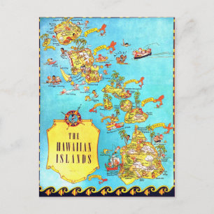 Vintage Hawaiian Islands Map Postcard