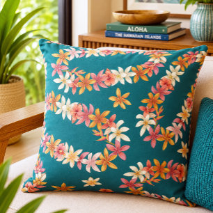 Vintage Hawaiian Lei Plumeria Floral Pattern Throw Pillow