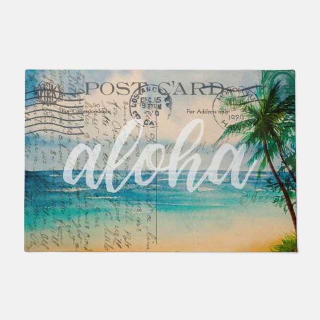 Vintage Hawaiian Palm Trees Postcard Doormat (Front)