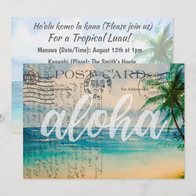Vintage Hawaiian Palm Trees Postcard Luau Invite (Front/Back)