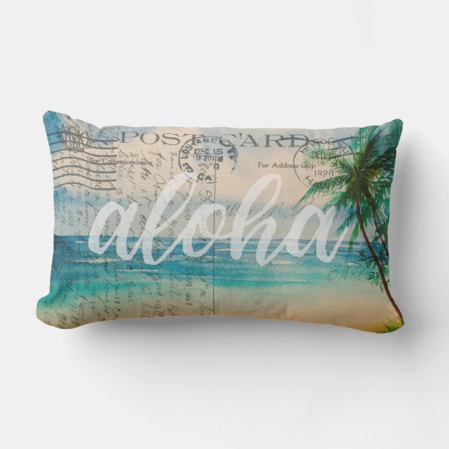 Vintage Hawaiian Palm Trees Postcard Lumbar Pillow (Front)