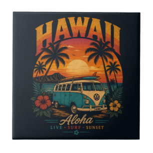 Vintage Hawaiian Sunset Palms Surfboard Aloha Ceramic Tile