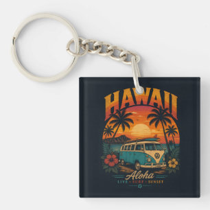 Vintage Hawaiian Sunset Palms Surfboard Aloha Keychain