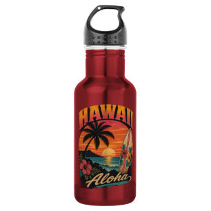 Vintage Hawaiian Sunset Palms Surfboard Aloha Stainless Steel Water Bottle