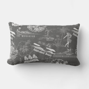 Vintage Hawaiian Travel Collage in Charcoal Gray Lumbar Pillow