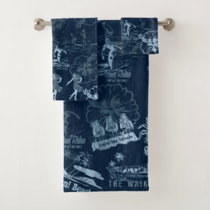 Vintage Hawaiian Travel Collage in Indigo Blues Bath Towel Set
